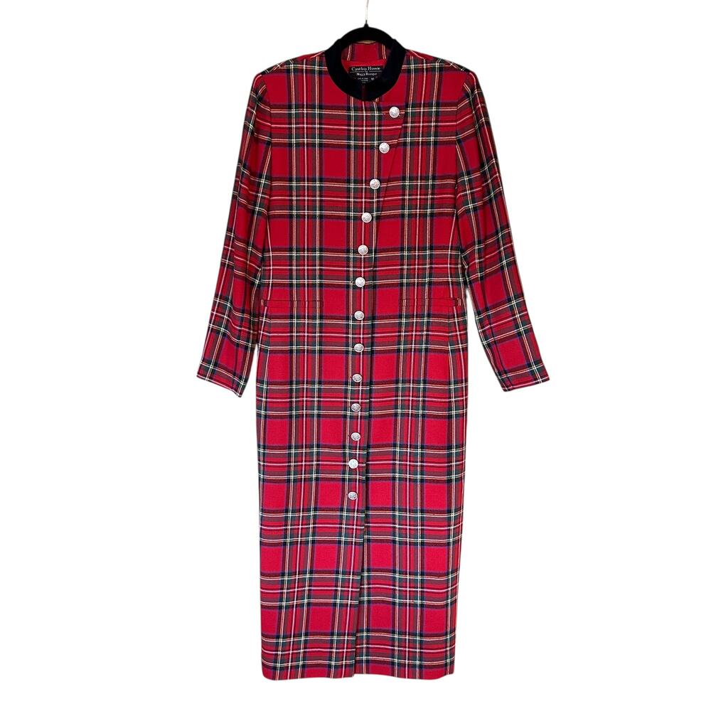 Vintage Red Tartan Plaid Maxi Dress Size 10 Velvet Collar Button Front Heritage